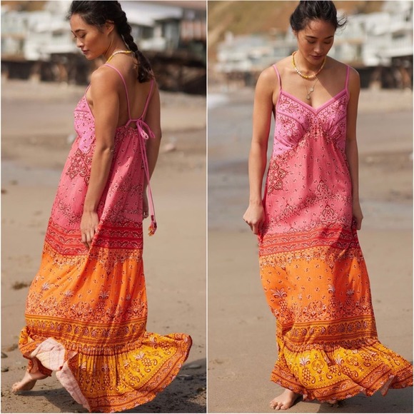 FARM Rio Other - Farm Rio Paisley Coverup Dress Boho Tie Back Adjustable Straps Pink Orange Large